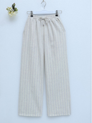 Striped Double Pocket Linen Trousers  - Beige
