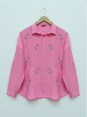 Stoned Leaf Embroidered Button Shirt   -Pink