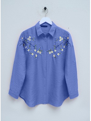 Daisy Embroidered Shirt with Sprinkled Pearls   -Saxe 