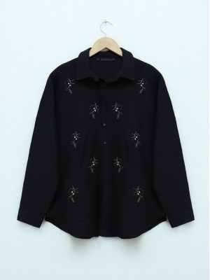 Stoned Leaf Embroidered Button Shirt  -Black