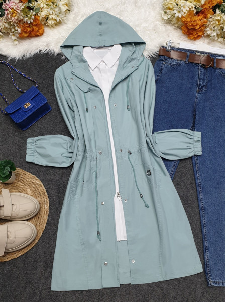 Hooded Elastic Trench Coat With Bag Pocket -Mint Color