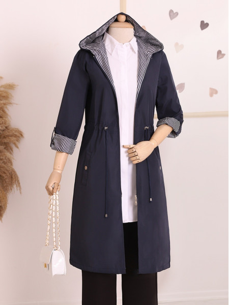 Collapsible Sleeve Hooded Lace-up Trench Coat -Navy blue