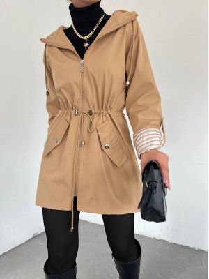 Hooded Lined Trench Coat with Folding Sleeves -Mink color