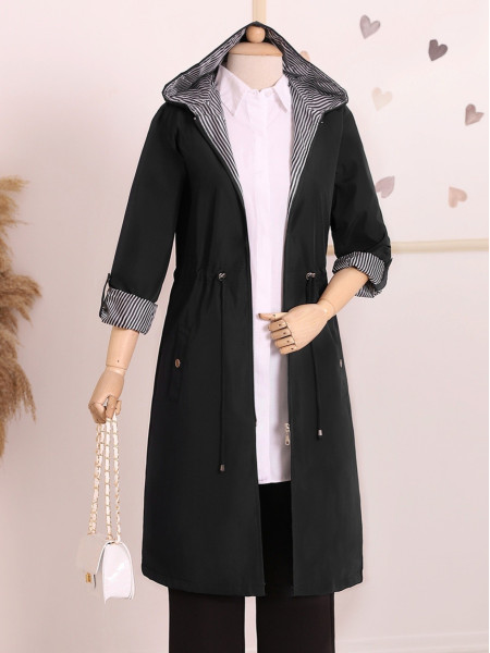 Collapsible Sleeve Hooded Lace-up Trench Coat -Black