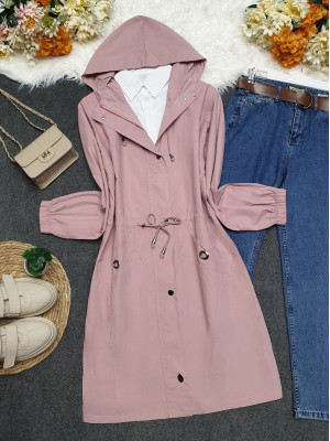 Hooded Elastic Trench Coat With Bag Pocket -Dried rose