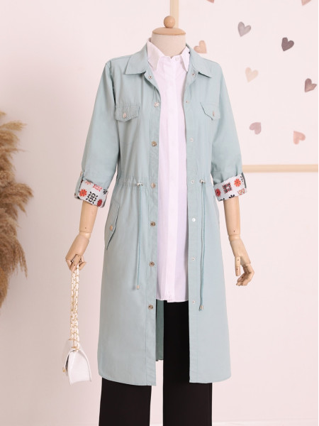 Snap Snaps All Over the Sleeves with Folded Lace-up Trench Coat -Mint Color