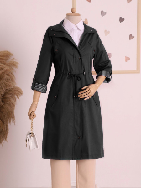 Tunnel Lace Top Pocket Detailed Trench Coat -Black
