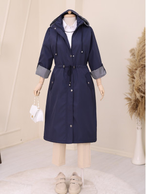 Striped Trench Coat -Navy blue