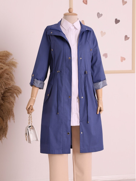 Tunnel Lace Top Pocket Detailed Trench Coat  -Navy blue