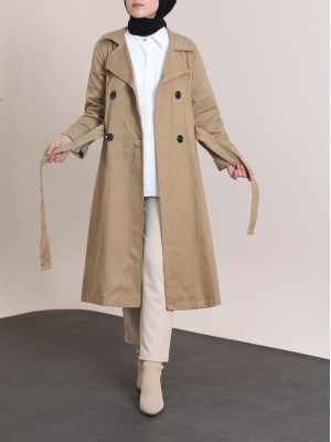 Folded Sleeve Buttoned Belted Trench Coat -Mink color