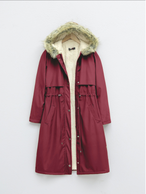 Inside Plush Fixed Hooded Tunnel Lace Long Coat  -Maroon