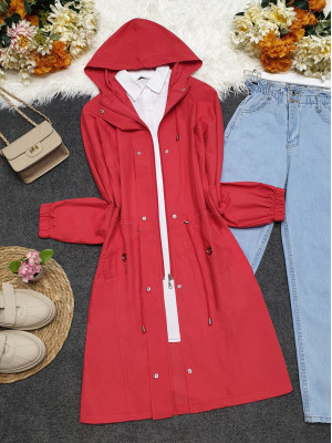 Hooded Elastic Trench Coat With Bag Pocket -Red