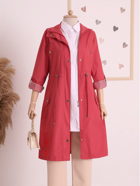 Tunnel Lace Top Pocket Detailed Trench Coat  -Red