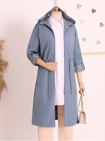 Collapsible Sleeve Hooded Lace-up Trench Coat -İndigo