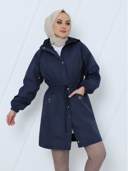Hooded Tunnel Laced Bird Pocket Trench Coat -Navy blue