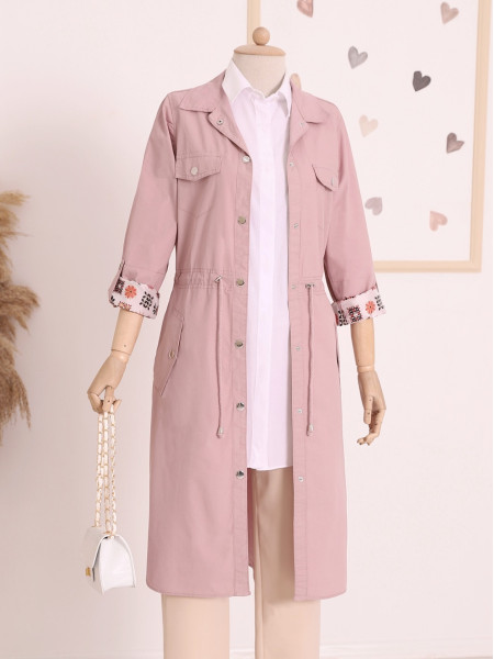 Snap Snaps All Over the Sleeves with Folded Lace-up Trench Coat -Dried rose