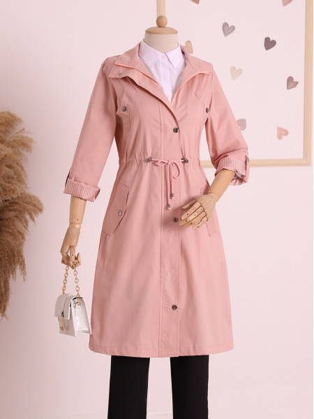 Tunnel Lace Top Pocket Detailed Trench Coat  -Salmon