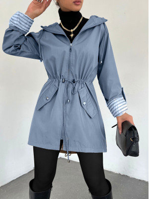 Hooded Lined Trench Coat with Folding Sleeves -İndigo