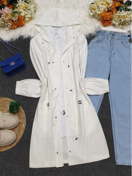 Hooded Elastic Trench Coat With Bag Pocket -White