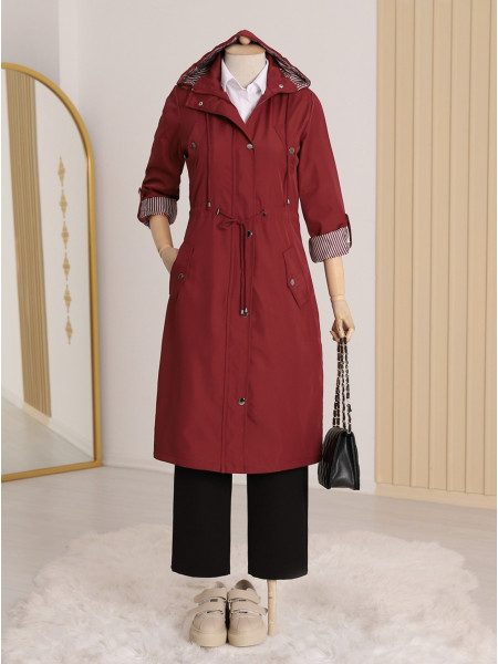 Striped Trench Coat    -Maroon