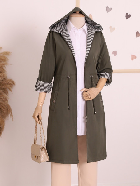 Collapsible Sleeve Hooded Lace-up Trench Coat -Khaki