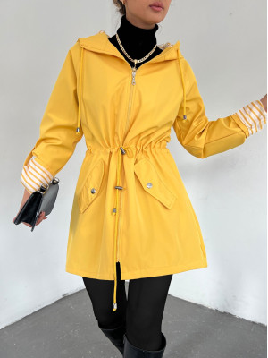 Hooded Lined Trench Coat with Folding Sleeves -Yellow