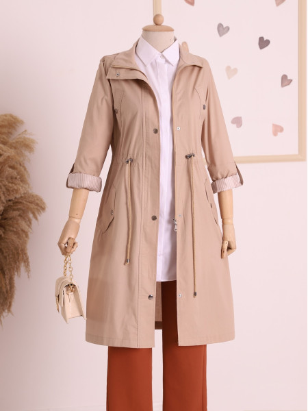 Tunnel Lace Top Pocket Detailed Trench Coat  -Mink color