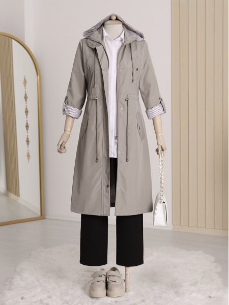 Striped Trench Coat  -Grey
