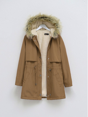 Bolero Detailed Fur Hooded Coat with Plush Inside -Snuff