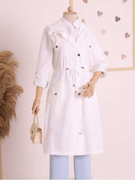 Tunnel Lace Top Pocket Detailed Trench Coat  -White