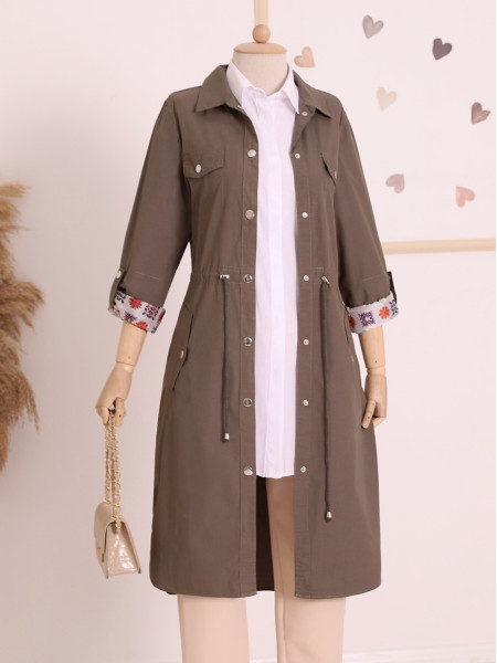 Snap Snaps All Over the Sleeves with Folded Lace-up Trench Coat -Khaki