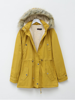 Furry Hooded Pocket Lace Up Coat -Mustard