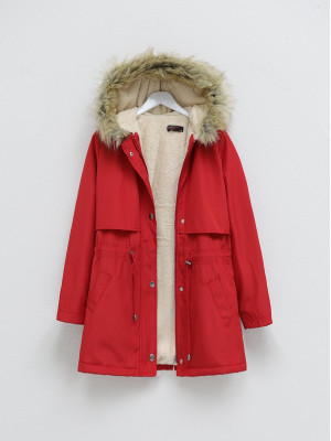Bolero Detailed Fur Hooded Coat with Plush Inside -Red