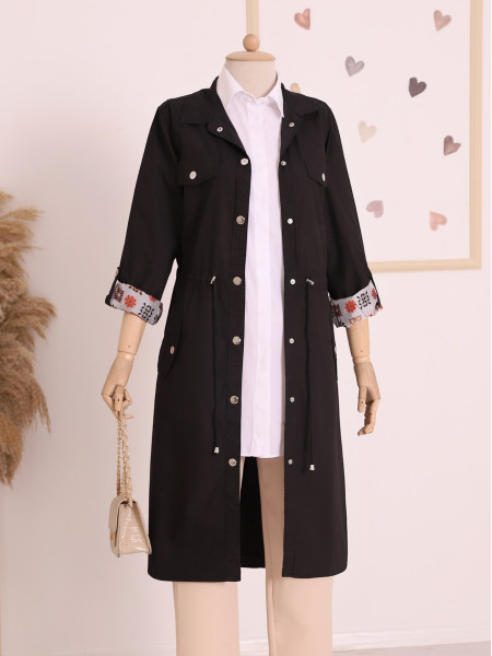 Snap Snaps All Over the Sleeves with Folded Lace-up Trench Coat -Black