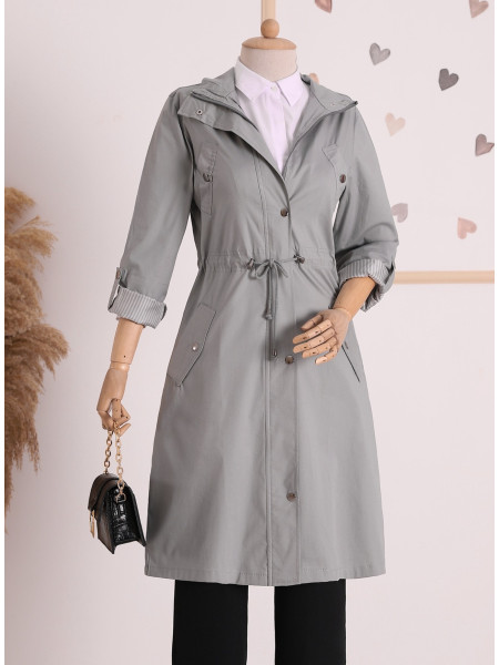 Tunnel Lace Top Pocket Detailed Trench Coat  -Grey