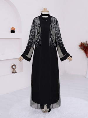 Stone Detailed Belted Double Abaya Set -Black