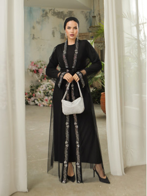 Double Abaya Set with Stone Embroidered Cuffs and Belt -Black