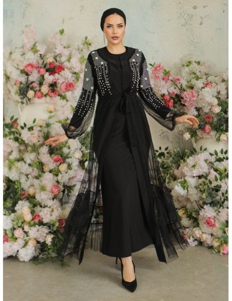 Double Abaya Set with Pearls and Stones on the Sleeves -Black