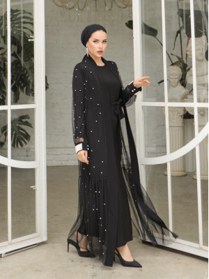 Two Piece Abaya Set With Pearls -Black