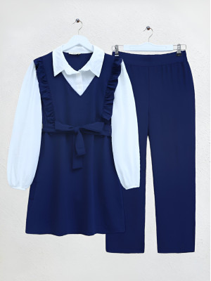 Frilly Front Belt Pieced Fabric Ayrobin Suit -Navy blue