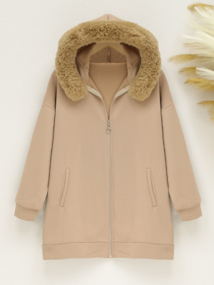 Hooded Fur Zippered Fleece - Beige