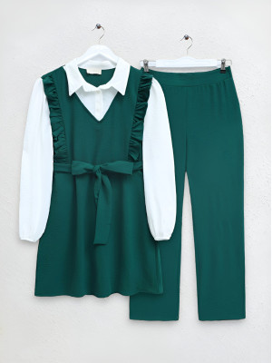 Frilly Front Belt Pieced Fabric Ayrobin Suit -Emerald