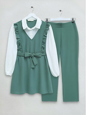 Frilly Front Belt Pieced Fabric Ayrobin Suit -Mint Color