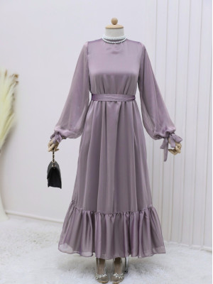 Kolu Bağcıklı Eteği Parçalı Şifon Elbise   -G.Kurusu