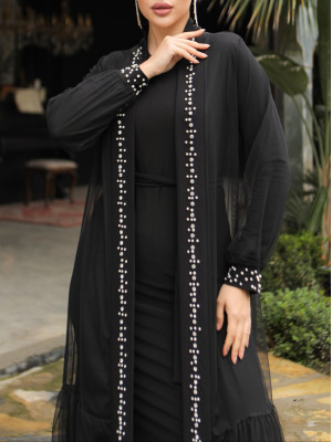 Pearls and Stones Double Abaya Set -Black