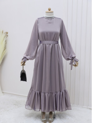 Kolu Bağcıklı Eteği Parçalı Şifon Elbise -Pudra