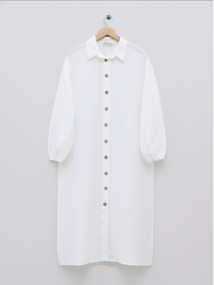 Boydan Düğmeli Kolu Lastikli Gömlek Tunik-Beyaz