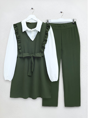 Frilly Front Belt Pieced Fabric Ayrobin Suit -Khaki