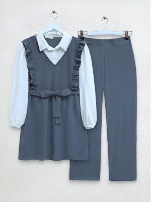 Frilly Front Belt Pieced Fabric Ayrobin Suit -Grey