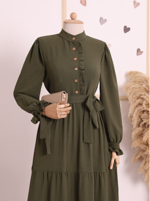 Half Buttoned Ayrobin Dress With Lace-Up Sleeves With Belt -Khaki